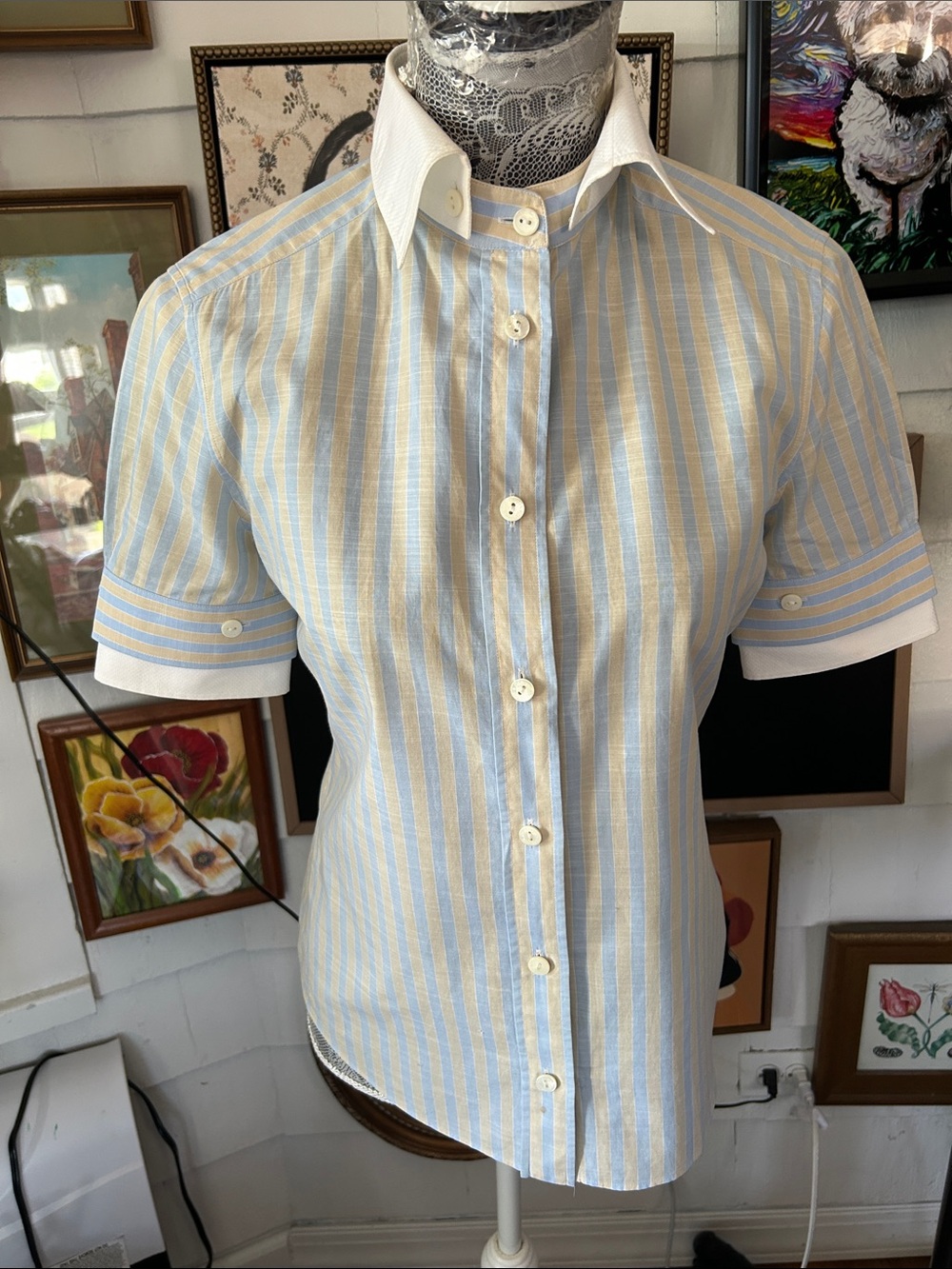 Dolce & Gabbana Light Blue and Cream Striped Short-Sleeve Blouse